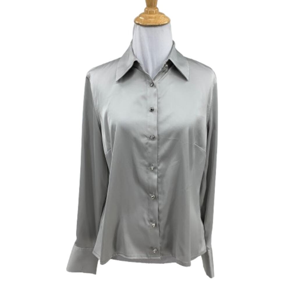 Talbots Shirt Womens XS Gray Charmeuse Soft Satin Stretch Button Up Long Sleeve